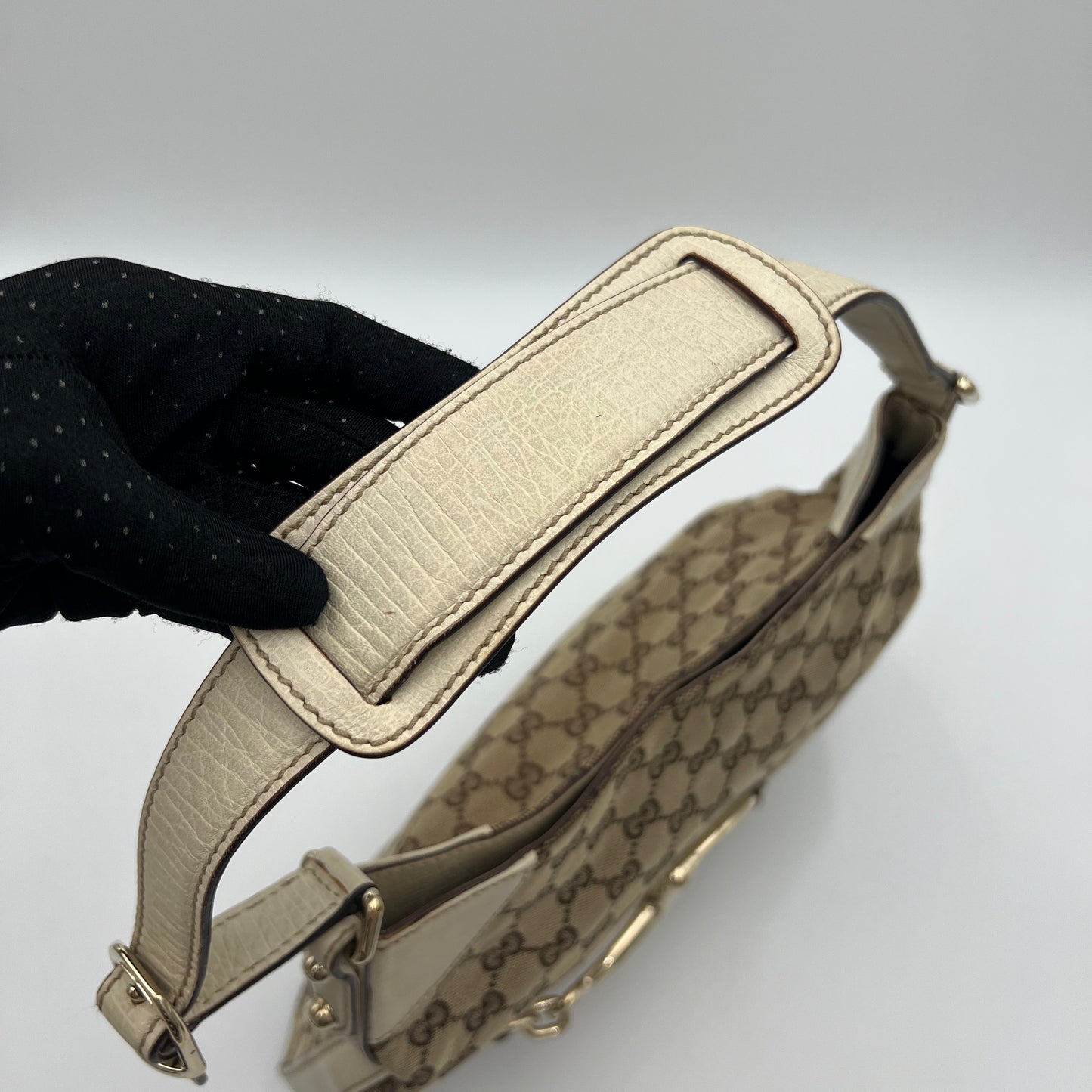 Gucci Monogram Canvas White Leather Hasler Horsebit Shoulder Bag