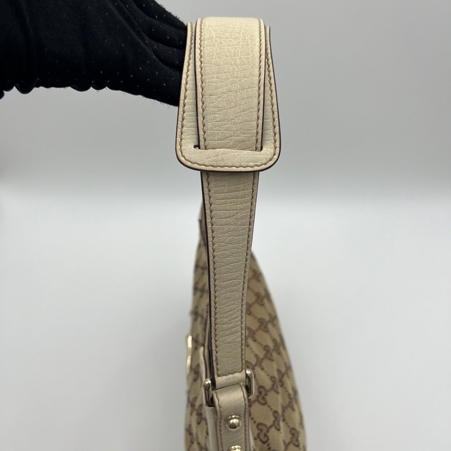 Gucci Monogram Canvas White Leather Hasler Horsebit Shoulder Bag