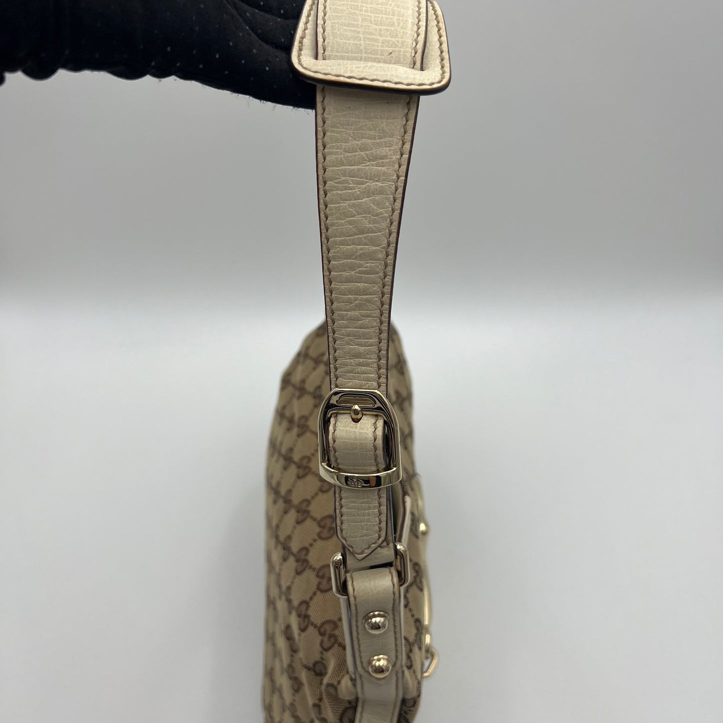 Gucci Monogram Canvas White Leather Hasler Horsebit Shoulder Bag